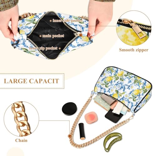 Image of Shoulder Bags for Women Vintage Yellow Lemon Fruit and Blue Print Hobo Tote Handbag Small Clutch Purse with Zipper Closure