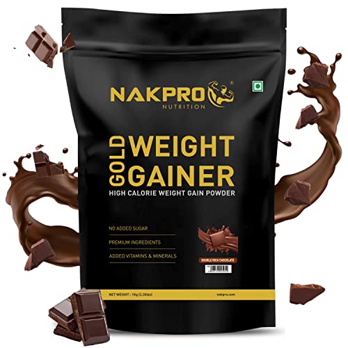 Image of NAKPRO GOLD WEIGHT GAINER | 12g Protein, 80g Carbs | Added Vitamins, Minerals & Digestive Enzymes | Easy Mixing, Easy Digesting Weight Gainer Powder for Men & Women | 1 Kg Double Rich Chocolate Flavour
