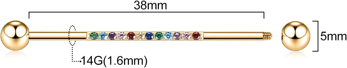 FUNLMO 14G Industrial Piercing Jewelry - Surgical Steel Industrial Barbell Earrings - Conch, Helix, Cartilage - 1 1/2 Inch (38mm) - Image 2