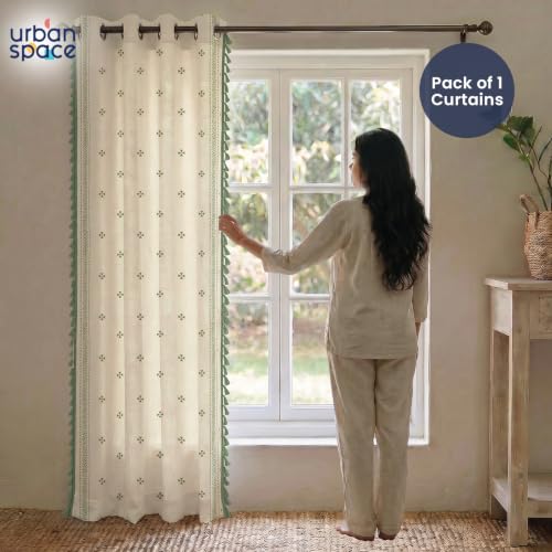 Image of Urban Space Boho Decorative Curtain for Window, 100% Cotton Curtain 5 Feet Long, 1 piece Curtain with Tassels, 60-65% Room Darkening with Tieback and Eyelets (Aaqar Sage Green, 5 Feet)