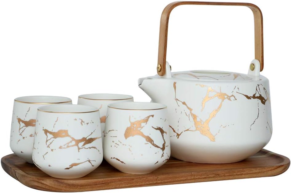 Sunddo White Marble Tea Service Set Ceramic Large Tea Pot (40 OZ), 4-Piece Tea Cups (6.7 OZ) with Wooden Tray - Modern Teapot, Tea Cups Set for Home and Office