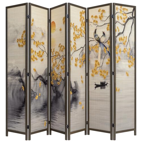 MyGift 6-Panel Large Bamboo Room Divider with Dual-Sided Asian Birds