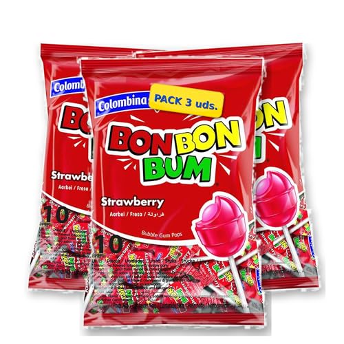 Pack 3 x Chupetines Bon Bon Bum Fresa 10 uds 160 g (30 uds / 480 g total) – Caramelo de palo relleno de chicle, sabor fresa, ideales para fiestas, piñatas y cumpleaños