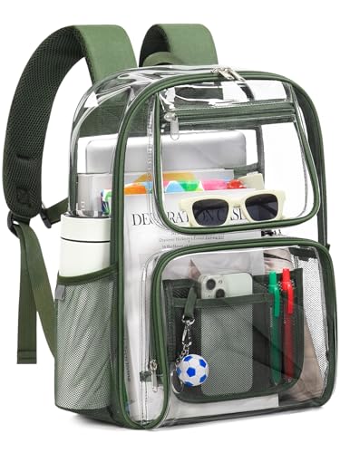 Image of Heavy Duty Clear Backpack For Kids Women Men Boys Girls, 17 Inch See Through Backpack, Large Clear Bookbag, Transparent Bag For School College Sport Work Travel, Olive Green