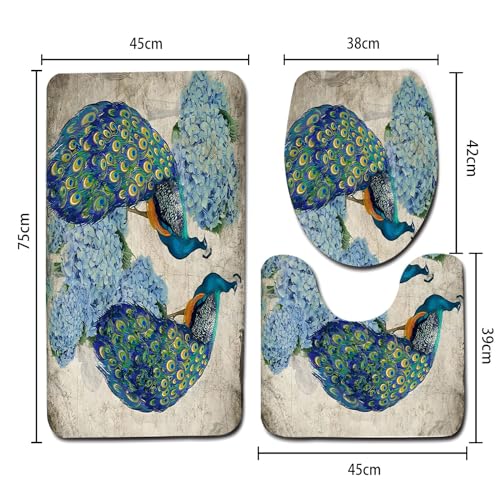 Badematte Pfauenblume Badezimmerteppich Set 3 Teilig Mikrofaser Badteppiche und WC Vorleger mit Ausschnitt Waschbar rutschfeste Badvorleger Toilette Teppich – Bild 3