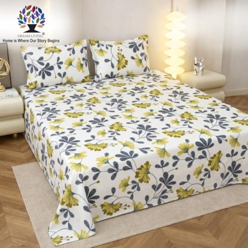 Image of Dream Living Printed Floral Double Bedsheet with 2 Pillow Covers | 120 GSM | 220x240 Cm | White