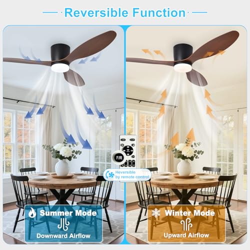 Image of Depuley Flush Mount Ceiling Fan: 52-Inch Black Ceiling Fans with Lights for Bedroom Indoor Outdoor - Low Profile Ceiling Fans with Remote Control 24W 3CCT Dimmable 3 Reversible Walnut Blades 6 Speeds