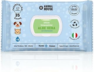 Animal House Dufttücher 35 Stück: Hypoallergene und biologisch abbaubare Feuchttücher für die tägliche Reinigung von Hunden und Katzen (35, Aloe und Chlorhexidin) product image