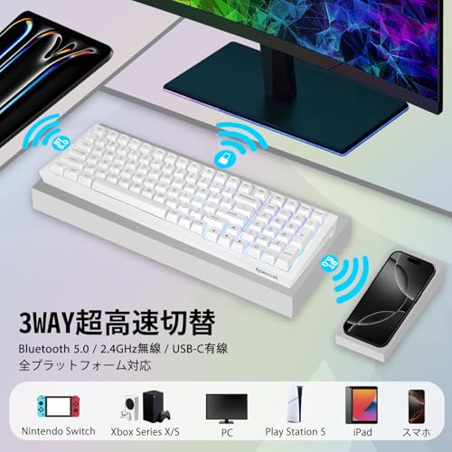 Redragon K723 ゲーミングキーボード ワイヤレス メカニカル 銀軸 96% 英語配列 テンキー付き ホットスワップ ガスケット構造 【BT/2.4GHz/USB有線】RGB Nキーロールオーバー 充電式 PC/Mac/PS5/PS4/Xbox/スマホ対応 (ホワイト)