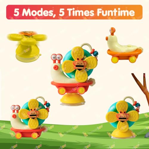 Image of 5 Modes of Play Yellow Snail Spinner Toy for Baby 0-3 Years - Convertible Friction Powered Car - Sensory Toy for Kids with Suction Cup Base - Perfect Baby Gift Set - Made in India