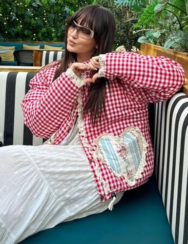 Wyeysyt Women's Cropped Puffer Jacket Winter Gingham Snap Plaid Short Padded Coats with Pockets4