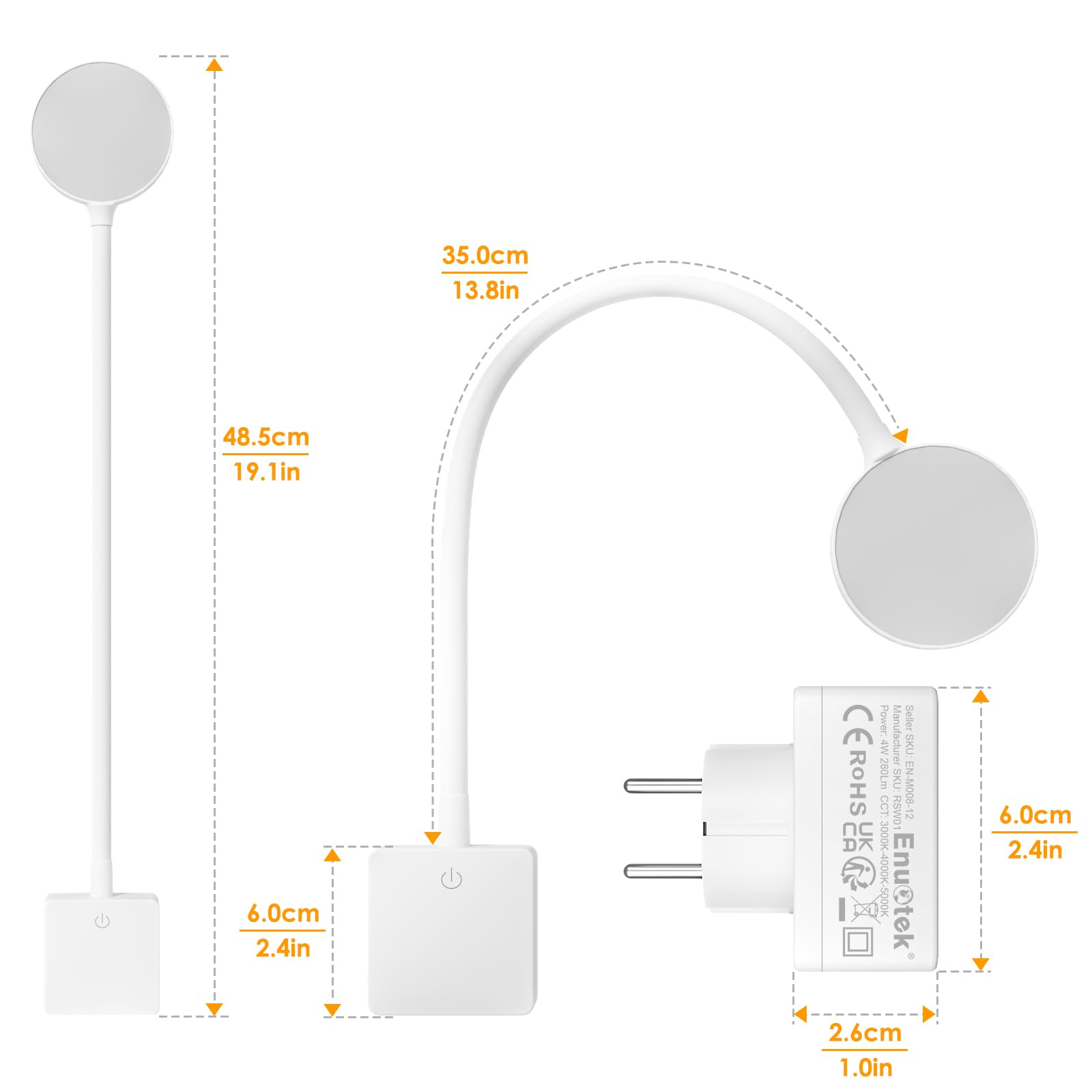 ENUOTEK Lampe de Lecture de Chevet Applique Liseuse Murale LED Sans Fil Dimmable avec Télécommande et Fiche Alimentation, Luminosité Variable, 3 CCT Couleurs Eclairage 5000K 4000K 3000K