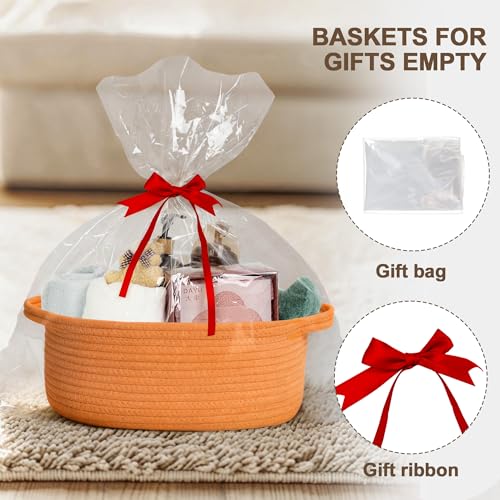 Image of WILLITAT Orange Basket for Gifts Empty, 13 inchx 9 inchx 5 inch Small Woven Gift Basket with Bag and Ribbon, Cotton Rope Dog Cat Toy Bin Box, Cute Baby Nursery Organizer, Decorative Storage with Handles, Orange