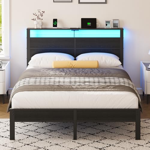Image of Liians Queen Size Black Metal Bed Frame with USB Type-C Charging Headboard, Smart LED Lights, Noise-Free Platform Bed, No Box Spring Needed, Easy Assembly