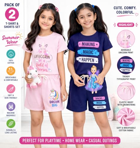 Image of NammaBaby Girl's Cotton Graphic Print Night Suit and Payjama Set - Multipack