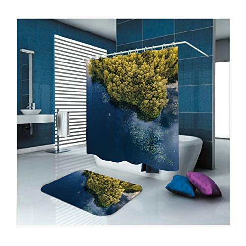 Daesar 40x60 Badematte WC Vorleger Fluss Bäume Anti-Schimmel Duschvorhang 165x180 cm, Badematte 2 Teilig
