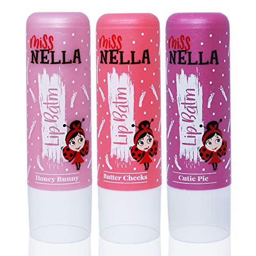 Miss Nella set of 3 Hypoallergenic children Lip Balms- HONEY BUNNY, SWEET CHEEKS & CUTIE PIE, Non Toxic Make Up for kids, perfect for those with sensitive skin.