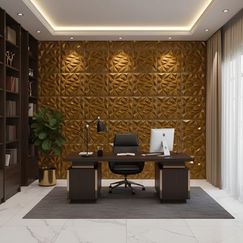 Image of Kayra Decor 3D PVC Wall Panels - Diamond Design, Brushed Gold Color, 19.7 inch x 19.7 inch (Pack of 12) | Covers 32.28 Sq. Ft. |