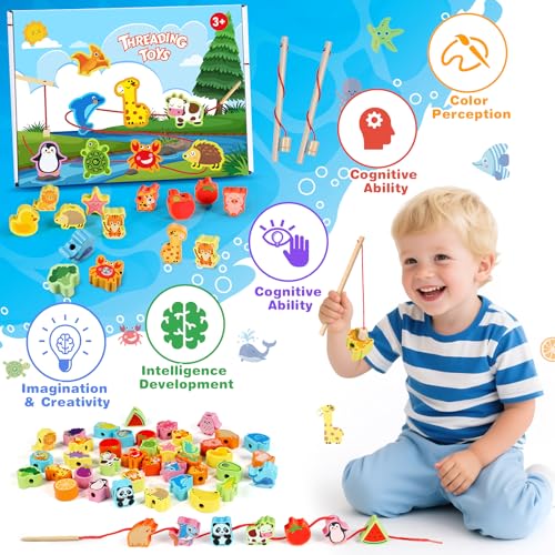 Jojoin Fädelspiel Montessori Spielzeug - Fädelspiel Angelspiel Spiele ab 3 Jahre - 54 Stück Holzspielzeug Magnetisches Angelspiel - Geschenk Mädchen Junge