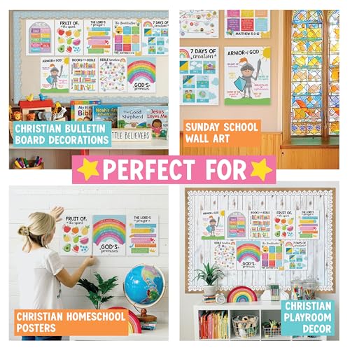 Image of Hadley Designs Sunday School Decorations for Classroom -9 Bible Posters for Kids, Books of the Bible, 10 Commandments, Bible Timeline Chart, Fruits of the Spirit, Rainbow Christian Classroom Decor