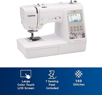 Brother SE600 Sewing and Embroidery Machine, 80 Designs, 103 Built-In Stitches, Computerized, 4 x 4 Hoop Area, 3.2 LCD Touchscreen Display, 7 Included Feet
