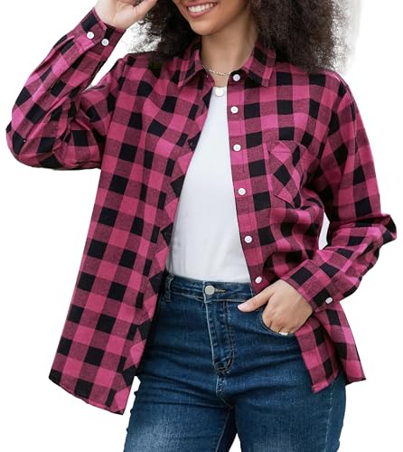 Image of SANGTREE Women and Girls Long Sleeve Flannel Casual Button Down Plaid Shirt