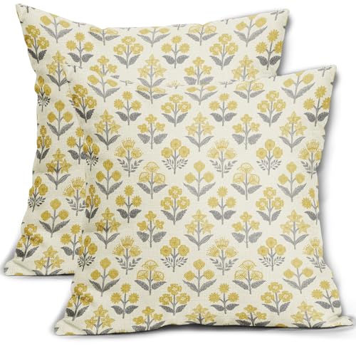 Yellow Grey Gray Floral Block Print Pillow Covers 18x18 Inch Set of 2, Vintage Flower Pattern Decorative Throw Pillowcases Outdoor Farmhouse Cushion Covers Spring Summer Rustic Sofa Couch Bed Decor