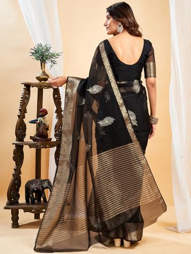 Image of Satrani Women's Organza Sequins Embroidery Jacquard Saree with Unstitched Blouse Piece