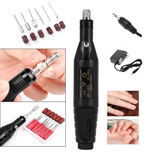 Various grinding bits and sanding bands included with the nail drill kit.