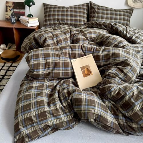 Image of PinkMemory Brown Blue Gingham Buffalo Plaid Duvet Cover King 100% Washed Cotton Vintage Checkered Duvet Cover Set 3pcs Retro Grid Bedding Set with Zipper Closure Corner Ties,Soft Breathable