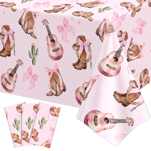 Image of 3 Pack Coquette Bow Cowgirl Tablecloths, Cowgirl Birthday Party Supplies | Boots and Bows Tables Cover Disposable Cowgirl Table Cloth for Girls Western Rodeo Birthday Bachelorette Party 54 X 108Inch