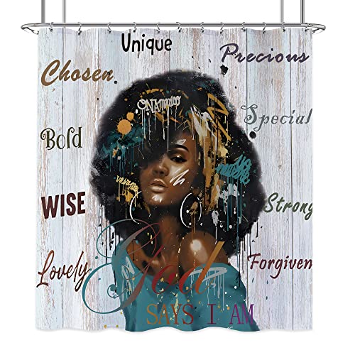 Laifzere African American Shower Curtain Black Woman Beauty Shower Curtain For Bathroom Set Black Girl Motivational Quotes Inspirational Wooden Fabric Waterproof Shower Curtain For Bathtub 72X72 Inch #TOP4