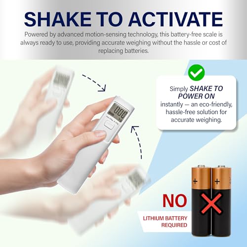 Luggage Scale, Battery Free (Shake to Charge) Digital Travel Weigher, 110 lb / 50 kg Capacity, Portable Handheld Suitcase and Baggage Weigher with LCD Display, Tare, Auto Off, Airline Travel3