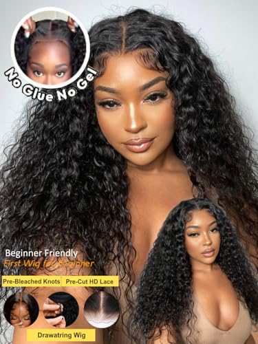 Image of Sunber Water Wave Bye Bye Knots Glueless Human Hair Wig 7x5 HD Lace 16inch | Pre Cut Lace Front Wig Pre Plucked Pre Bleached Knots Drawstring Wear and Go Wig with 4C Edges Ready to Go for Women