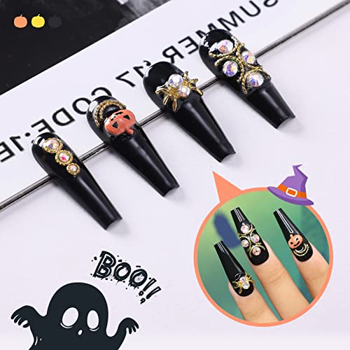 Artquee 24Pcs Halloween Press On Nails Black Glossy Long Coffin Fake Nail Art Golden Spider Pumpkin 3D Rhinestones Designs Ballerina False Nails Acrylic Stick On Nails Tips For Women And Girls #TOP4