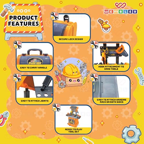 Image of Wembley Kids Tool Kit Set with Trolley & Toolbox | DIY Construction Pretend Play Tools for Boys & Girls 3-6 Years | Workshop Role Play Toy | Montessori Learning Gift for Kids Age 3, 4, 5, 6