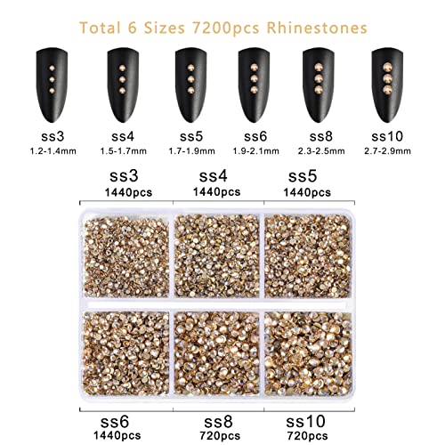 Beadsland 7200 Pcs Flatback Rhinestones for Nails,Gold Round Small Crystal Rhinestones Gems for Crafts,Mixed 6 Sizes with Wax Pencil Kit,SS3-SS10,Golden Shadow - Image 4