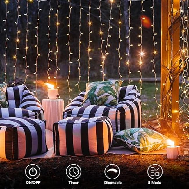 echosari 300 LED Curtain Lights Battery Operated, 9.8ft¡Á9.8ft Hanging Light with Remote Timer Fairy Curtain Lights for Bedroom Patio Wedding Backdrop Party Dec¨®r (Warm White)