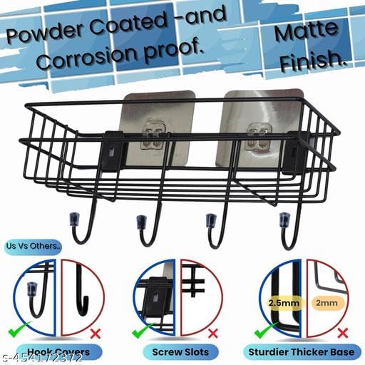 (Pack of 2) Steel Self-Adhesive Multipurpose Bathroom Shelf with Hooks/Towel Holder/Rack/Bathroom Accessories-Wall Mount - Pack of 2 (Black,Powder Coated) 1