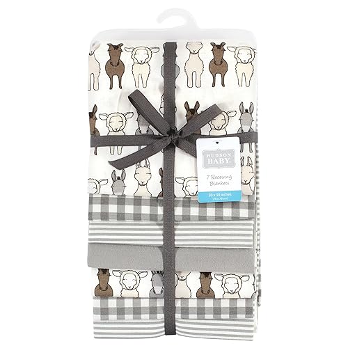 Image of Hudson Baby Little Treasure Cotton Poly Flannel Receiving Blankets Multipack, Beige Farm Friends, 30x30 inches (Pack of 2)