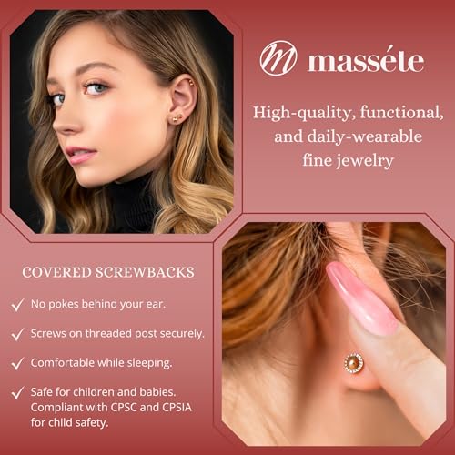 MASSETE Gold Ball Stud Earrings for Women and Girls Screwback | 10k, 14k, 18k | White Yellow or Rose Gold | 3mm 4mm 5mm | Nickel Free4