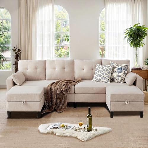 Image of 101 inch Sectional Sofa U Shaped Couch with Storage Ottomans, 4 Seater Convertible Couches for Living Room | Linen Fabric | 2 Movable Ottoman Reversible Chaises | Sectional Couch Set, Beige