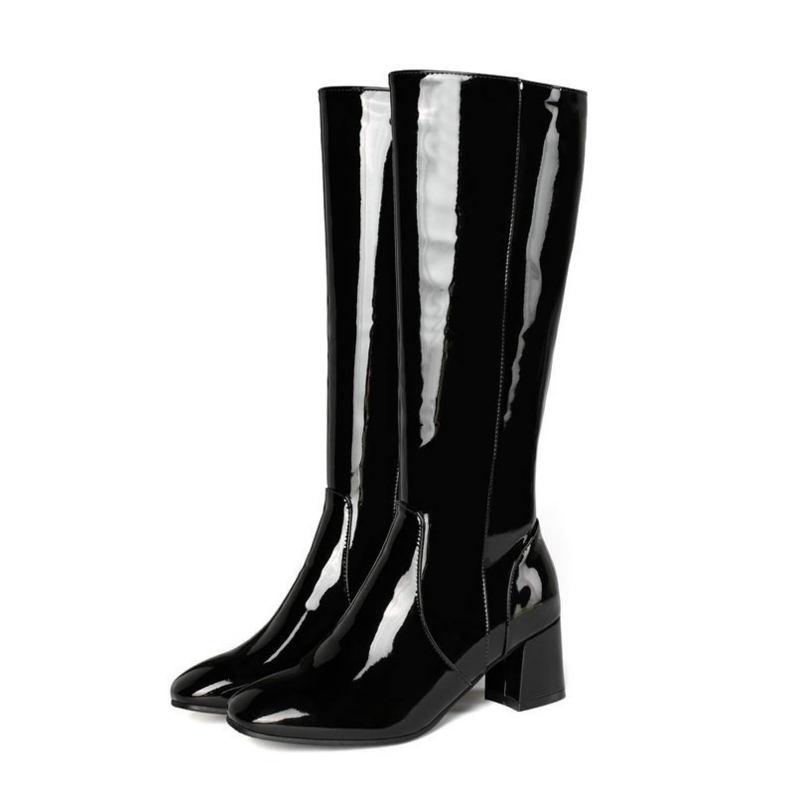 ANUFER Damen Lackleder Kniehoch Gogo Stiefel Klobiger Absatz Seitlicher Reißverschluss Disco-Stiefel