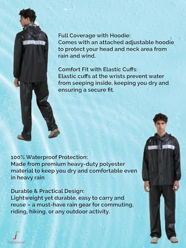 Image of FabSeasons Heavy Duty Waterproof Polyester Raincoat for Men with Reflective Strips, Hoodie & Elastic Cuffs - Ideal for Bike Riders & Night Safety