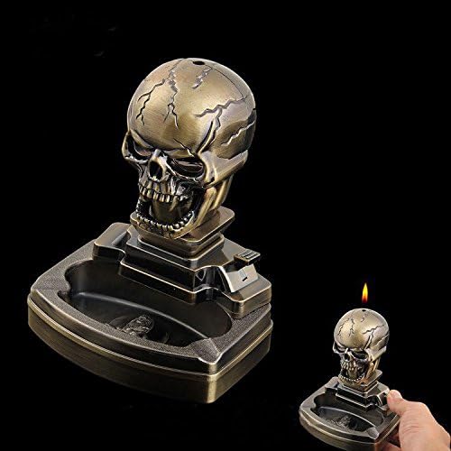 Piioket Skull Skeleton Shaped Novelty Cigarette Cigar Lighter Refillable Butane Gas Lighter with Ashtray Ash Tray