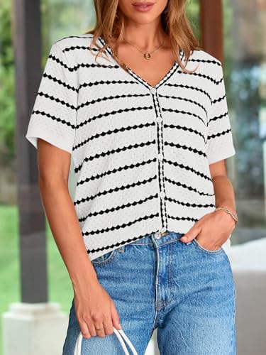 Image of NALANISA Women's Short Sleeve Sweater Spring Summer Crochet Knit Tops 2026 V Neck Striped Button Down Dressy Casual Blouses