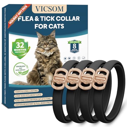 Flea and Tick Collar for Cats - 4 Pack, 32 Month Protection Treatment, Waterproof, Natural Prevention, Adjustable for Cats & Kittens (Black)
