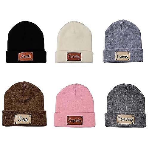Personalized Leather Patch Baby Beanie Name Custom Beanie Cap Warm Knitted Beanie Hat for Newborns Kids Toddler Adults
