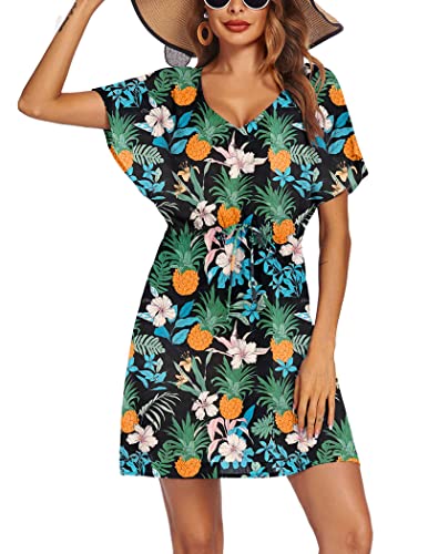 Image of Ekouaer Womens Swimsuit Coverup Short Sleeve Beach Cover Up Dress V Neck Bikini Beachwear