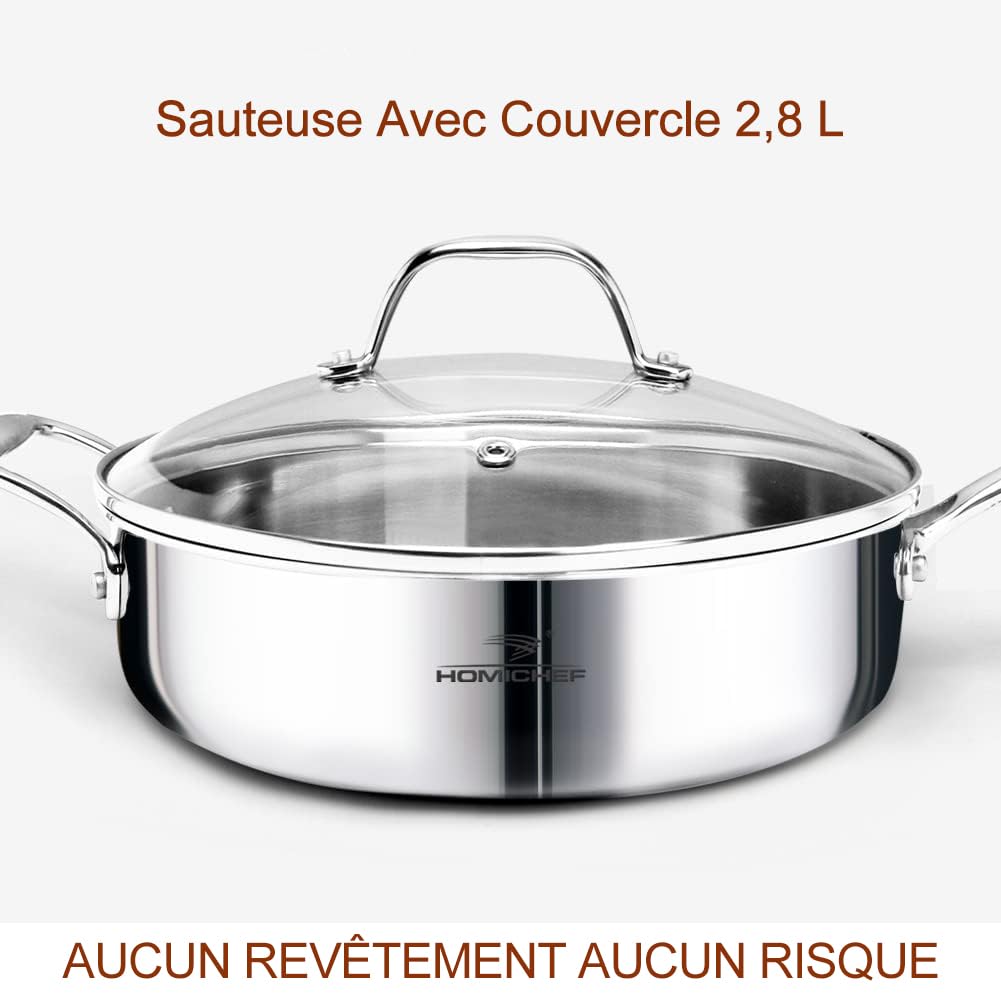 HOMICHEF batterie de cuisine en acier inoxydable sans nickel 14 pièces 3 Plis Entièrement Revêtue - Marmites et poêles polies miroir - Batterie de cuisine à induction non toxique avec cuiseur vapeur